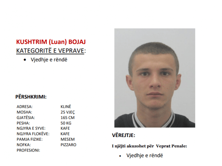 Shpallet në kërkim 25-vjeçari nga Klina, akuzohet për vjedhje të rëndë