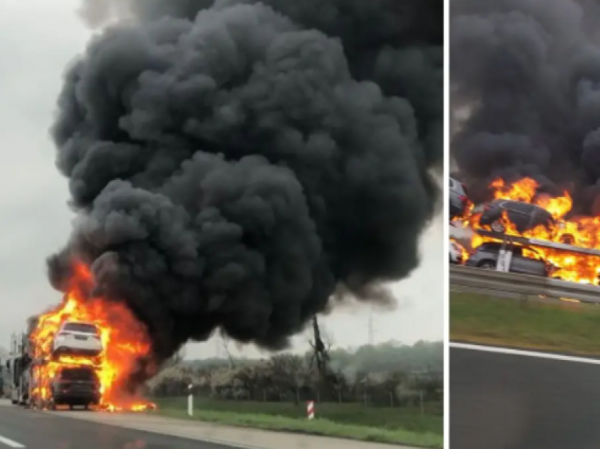 Digjet në Kroaci mjeti transportues bashkë me disa vetura