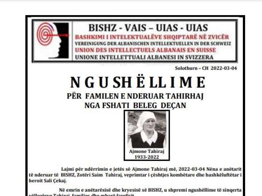 Ngushëllime për familjen e nderuar Tahirhaj nga fshati Beleg Deçan