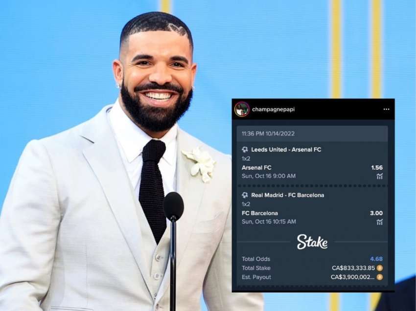 Drake luan bastore me 600 mijë euro që të fiton Arsenali dhe Barcelona