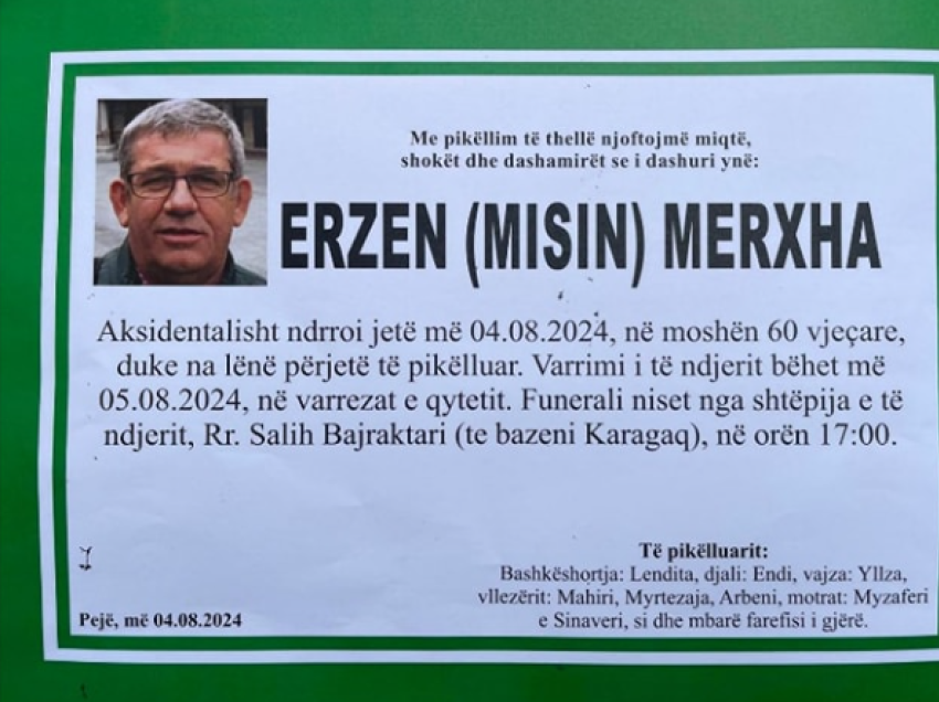 Sot do t’i jepet lamtumira e fundit 60-vjeçarit nga Peja që vdiq në aksidentin e djeshëm