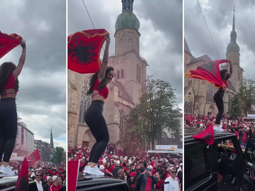 Xhuli hipën mbi veturë dhe valvit flamurin kombëtar në mesin e mijëra tifozëve shqiptarë në Dortmund