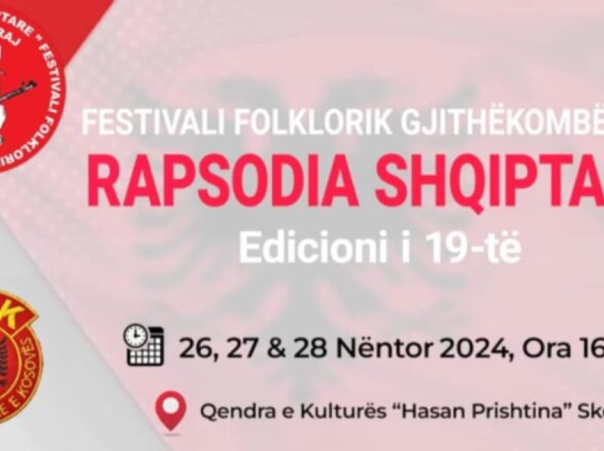 Në nder të festave të Nëntorit, në Skenderaj do të nis edicioni i 19-të i festivalit folklorik gjithëkombëtar “Rapsodia Shqiptare – Skenderaj 2024”